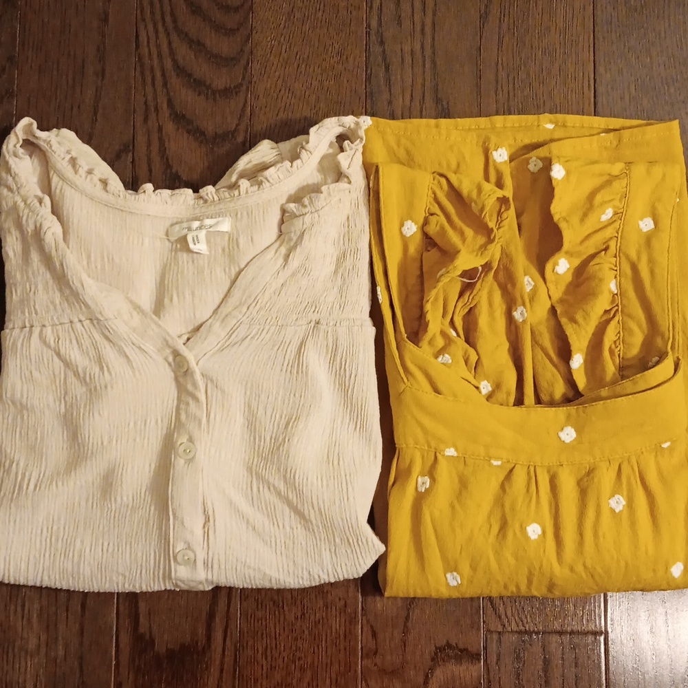 Universal Thread Mustard Yellow Ruffle Blouse/Maurices Tan Ruffle Top